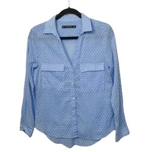 Zara Basic Collection Blue Swiss Dot Long Sleeve Button Up Shirt XS